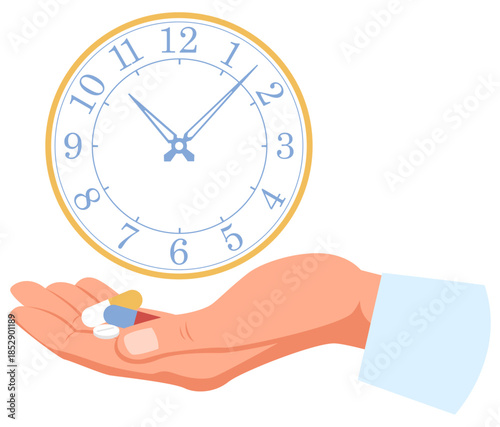 Doctors hand holds pills and capsules with medicine against background of clock. Time to take drugs. Timepiece dial. Medical treatment. Medicament dose. Remedy for patient. Vector concept