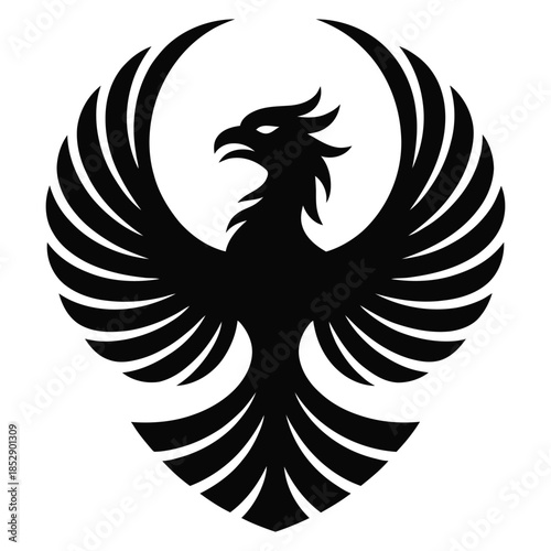 Bold and elegant black silhouette of a mythical phoenix or powerful eagle with open wings