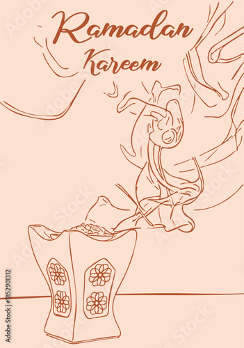 Hand drawn Ramadan Kareem greeting card featuring a traditional Arabic incense burner known as a mabkhara with swirling smoke in a minimal line art style for the holy month celebration.
