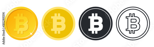 Cryptocurrency icon. Bitcoin symbols. Gold coin. Black and white BTC token. Crypto exchange trade market. Blockchain technology. Ecommerce cash. Virtual mining. Vector financial set