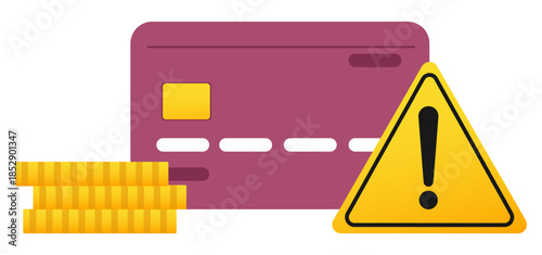 Credit card with gold coins and yellow triangle with exclamation mark. Banking notification. Attention icon. Error important message. Financial problem. Security notice. Vector concept