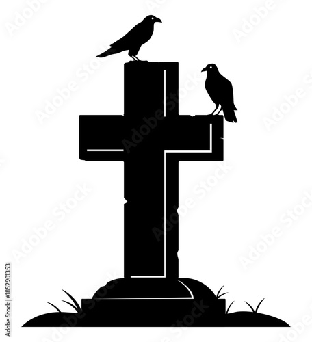 Black silhouette of two crows sitting on cross of cemetery gravestone. Burial headstone. Stone grave monument Tombstone obelisk. Halloween graveyard decor. Vector mystic gothic memorial