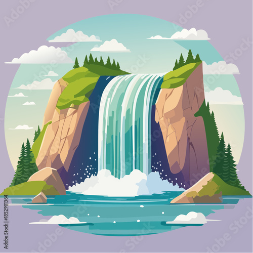 Scenic waterfall cascading down rocky cliffs into a serene pool of water.