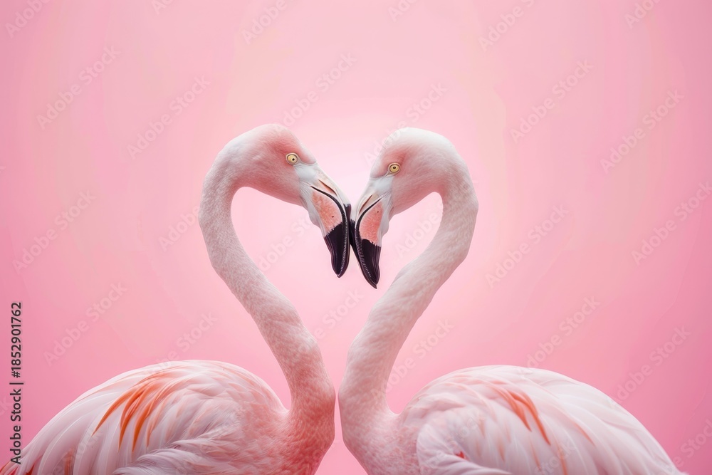 Fototapeta premium Two pink flamingos are forming a heart shape with their necks, symbolizing love and affection on a vibrant pink background