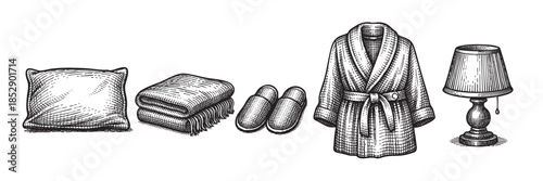 This detailed sketch showcases cozy home essentials including a pillow, folded blankets, slippers, a bathrobe, and a bedside lamp, evoking a sense of comfort and relaxation.