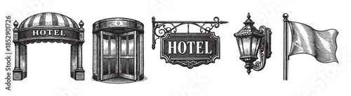 A collection of five black and white vintage illustrations depicting hotel icons, including an arched entrance, revolving door, hanging sign, wall lamp, and flag, in a classic engraving style.