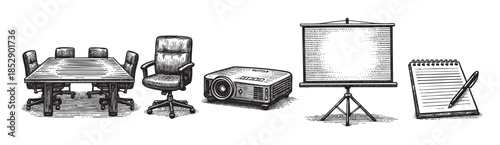 A hand-drawn sketch of office meeting objects including a conference table, chairs, projector, screen, and notepad, rendered in a classic black and white illustration style.