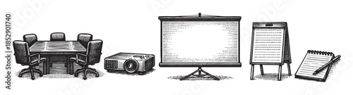 A sketch illustration depicts a boardroom table with chairs, a projector, a roll-up screen, an easel display, and a notepad with a pen, suggesting a meeting or presentation preparation.