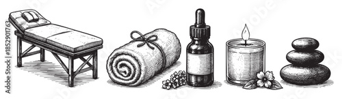 A collection of spa items including a massage table, rolled towel, essential oil bottle, lit candle, and balanced stones, rendered in a classic black and white illustration style.