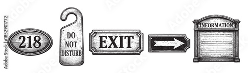 A collection of distressed, vintage-style signs including a room number, do not disturb tag, exit sign, directional arrow, and information board, rendered in a black and white scratchboard aesthetic.