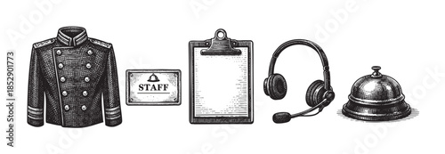 A vintage-style illustration features a formal staff uniform jacket, a staff sign, a clipboard with blank paper, headphones, and a service bell, depicting a classic hospitality setting.
