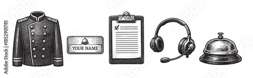 A vintage-style illustration features a formal staff uniform jacket, a staff sign, a clipboard with blank paper, headphones, and a service bell, depicting a classic hospitality setting.