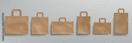 Beige paper bag collection with handles for eco friendly shopping and packaging. Brown kraft carrier in various size for retail or takeaway use. Sustainable blank template for branding and merchandise