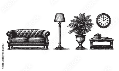 A black and white ink sketch displays a classic tufted sofa, a floor lamp, a potted plant, a small table with books and a clock, evoking a timeless, sophisticated atmosphere.