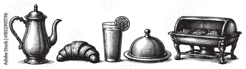 A detailed vintage illustration depicting a classic breakfast spread including a silver coffee pot, croissant, glass of juice with a lemon slice, a covered dish, and a chafing dish.