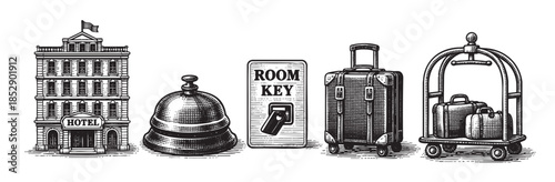 A vintage black and white illustration displays hotel icons including a building, bellhop bell, room key, luggage, and bell cart, evoking a classic travel service.