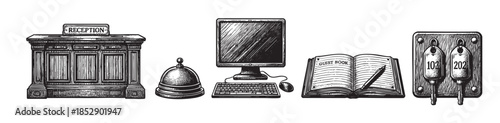A vintage-style illustration features hotel reception essentials including a desk, call bell, computer, guest book, and key tags, perfect for retro hospitality themes.