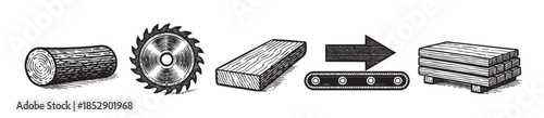 This black and white illustration depicts the wood processing industry, showing a log being cut by a saw, processed on a conveyor belt, and stacked as lumber.