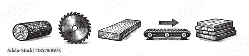 This line art illustration depicts the transformation of a log into lumber through sawing and processing, suitable for industry or DIY themes.
