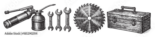 A black and white woodcut style illustration featuring a collection of vintage workshop tools including a grease gun, wrenches, a circular saw blade, and a toolbox.