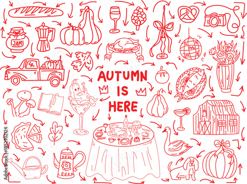Cute autumn illustration set with hand-drawn icons: pie, acorns, books, mushrooms, and fall leaves. A delightful collection of doodle illustrations celebrating the warmth and bounty of autumn.