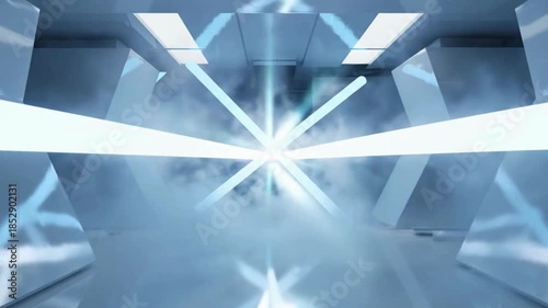 Futuristic abstract background featuring intersecting neon blue laser beams and smoke in a modern sci-fi architectural space