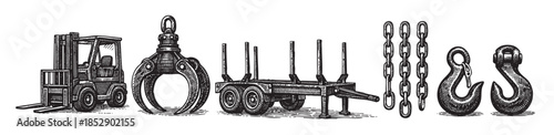 Black and white woodcut illustration of industrial equipment including a forklift, grapple, trailer, chains, and hooks, representing the logging and transportation industries.