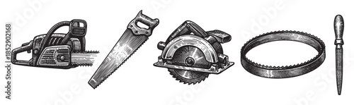A vintage-style black and white illustration showcases a collection of woodworking tools including a chainsaw, hand saw, circular saw, toothed wheel, and file, isolated on a white background.