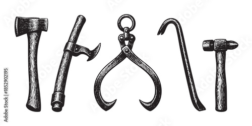 A collection of five vintage hand tools, illustrated in a scratchboard style on a white background, including an axe, splitting maul, ice tongs, crowbar, and hammer.