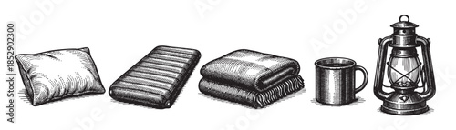 This vintage illustration features a comfortable pillow, a sleeping bag, cozy blankets, a mug, and a kerosene lantern, evoking a rustic and adventurous camping theme.