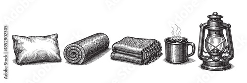 A charming vintage illustration depicts a cozy camping scene with a pillow, rolled blanket, folded plaid blanket, steaming mug, and a kerosene lantern on a white background.