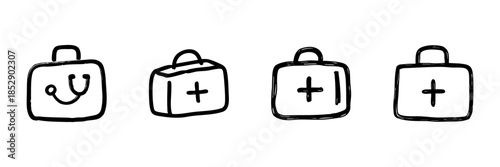 Medical Kit Line Icon Set In Doodle Style. Healthcare, Emergency, And First Aid Supplies Outline Sketch Collection. Hand Drawn Isolated Vector Illustration