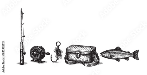 A collection of vintage fishing equipment illustrated in a classic woodcut style, including a rod, reel, hook, tackle box, and a fish, set against a clean white background.