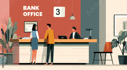 Bank office visitors. Financial department customers standing at reception interior, specialist teller counter banking credit service clients get consultation vector illustration