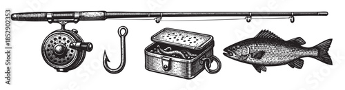 Vintage illustration of fishing gear including a rod, reel, hook, bait box filled with worms, and a caught fish, presented in a monochromatic sketch style on a white background.