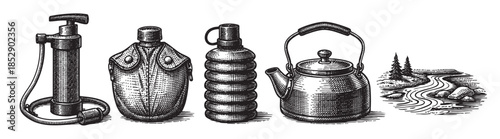 A vintage illustration displays essential camping gear including a pump, canteen, collapsible bottle, and kettle, set against a backdrop of a rocky stream and pine trees.