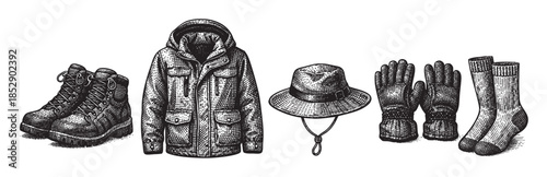 A detailed black and white illustration features hiking boots, a hooded jacket, a bucket hat, gloves, and socks arranged neatly against a white background.