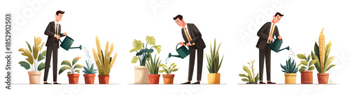 Businessman watering plants. Human resources mentoring, investment couching entrepreneur grows house plant in pot leader growing profits or professional workers vector illustration