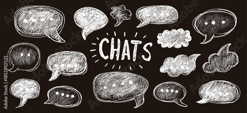 Chalk speech bubbles. Crayons white speech bubble on school chalkboard, grunge scribble pencil hand drawing clouds dialog chat message quote concept doodle set vector illustration