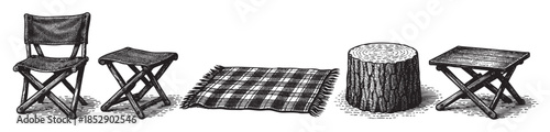 A line drawing of vintage camping furniture including chairs, a rug, and a log, rendered in a classic sketch style.