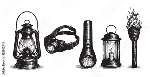 A detailed black and white sketch showcases a collection of vintage and modern lighting devices including a kerosene lantern, headlamp, flashlight, candle lantern, and torch.