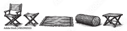 A line drawing of vintage camping furniture including chairs, a rug, and a log, rendered in a classic sketch style.