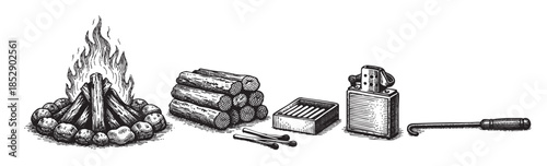 Engraving style illustration depicts elements for starting a campfire: a bonfire, stacked logs, matches, a lighter, and a poker, all isolated on a white background.