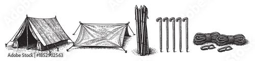A classic black and white pen and ink illustration shows a vintage camping tent, a ground tarp, tent stakes, poles, and rope with carabiners, perfect for outdoor adventure themes.