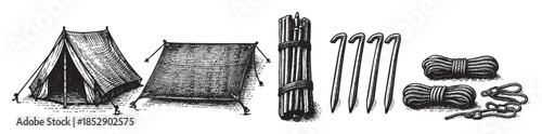 A black and white, hand-drawn illustration showcases vintage camping gear, including two distinct tents, stakes, rope, and carabiners, set against a clean white background.
