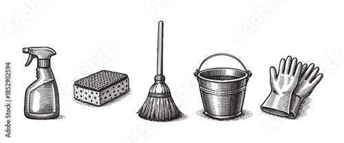 A vintage black and white illustration depicts essential cleaning supplies including a spray bottle, sponge, broom, bucket, and gloves, presented in a clean, graphic style.