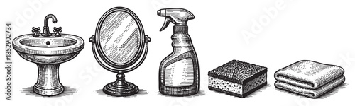This charming, hand-drawn illustration features a vintage sink, magnifying mirror, spray bottle, sponge, and folded towels, perfect for retro bathroom or cleaning-related designs.
