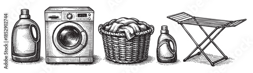 Black and white illustration of laundry room essentials including a washing machine, basket of clothes, detergent bottles, and a drying rack, perfect for design projects.