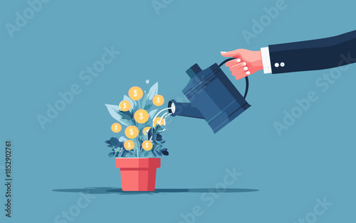 Hand watering money flower. Investment growth, savings concept, businessman hands grows financial tree pot gold coins dollar symbol deposit fund success investor vector illustration
