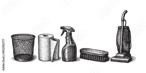 A detailed black and white illustration showcases essential household cleaning items arranged in a row against a white background.